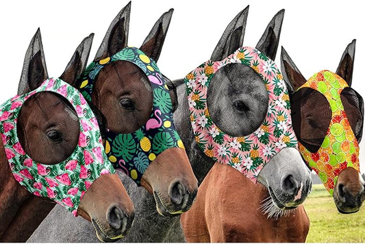 Frienda 4 Pieces Horse Fly Masks with Ears Face Covering UV Protection from Insect Pests Elasticity Smooth Comfortable Mesh Horse Mask Accessories(Fruit,Large)-PawvioPets