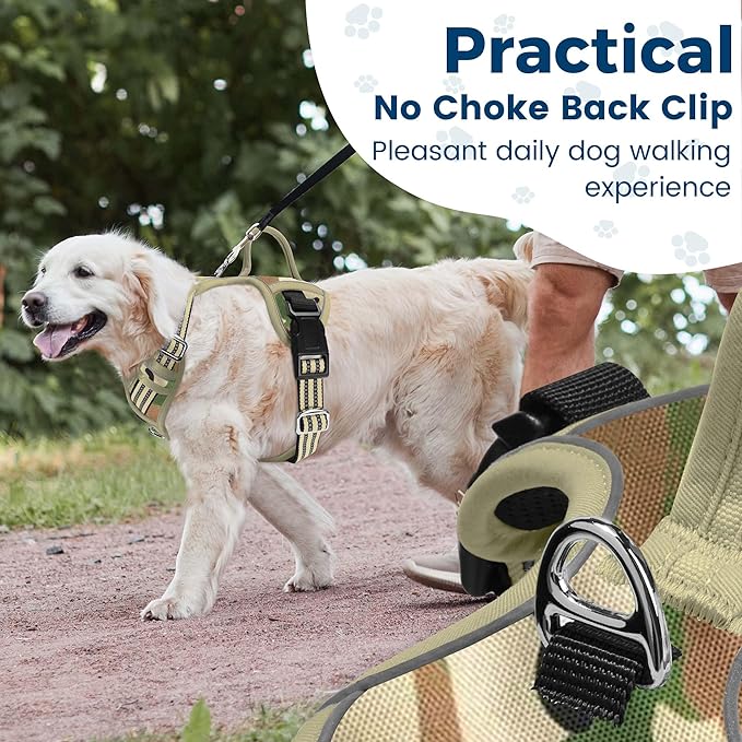 Funfox Dog Harness No Pull, Adjustable Pet Vest Harness, Super Soft Material with Vertical Handle Easy Control, Reflective Night Walking, 2 Leash Clips for Small Sized Dogs, Camo Green, S-PawvioPets