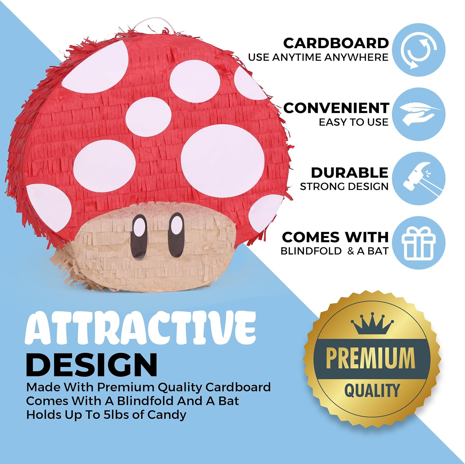 Mushroom Pinatas Bundle with a Blindfold and a Bat(16.5 x 12 x 3.5 Inches), Perfect for kid's Birthday Parties, Mexican Theme Parties, Decorations