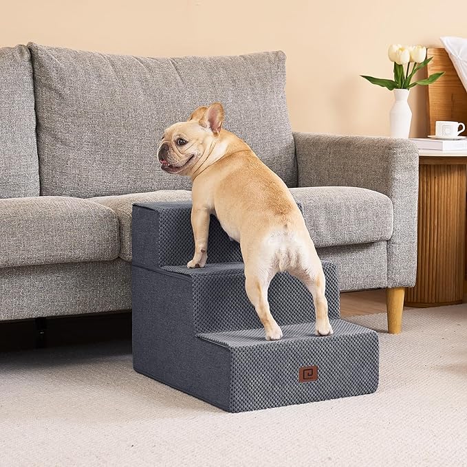 EHEYCIGA Dog Stairs for Small Dogs 16.5" H, 3-Step Extra Wide Dog Steps for Couch Sofa and Chair, Pet Steps for Medium Cats, Non-Slip Balanced Pet Ramp Indoor, Grey-PawvioPets