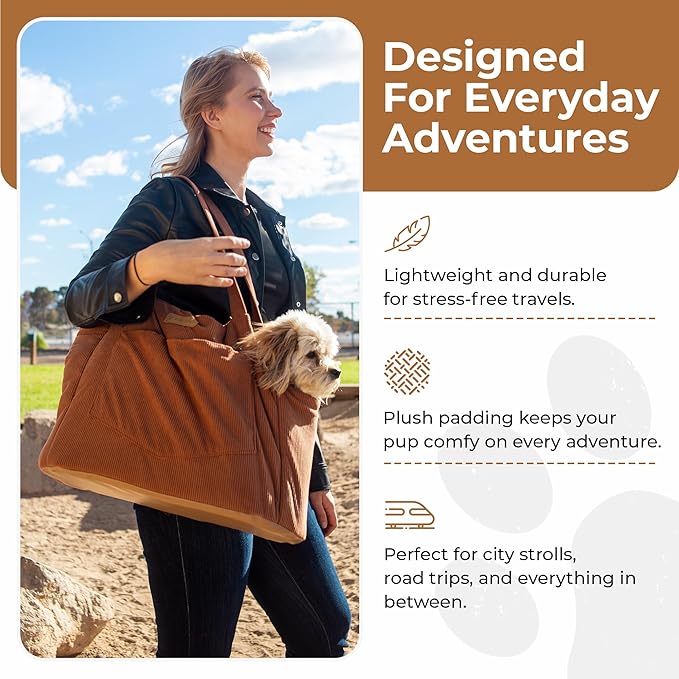 Corduroy Dog Carrier - Lightweight Cotton Soft-Sided Pet Tote with Safety Harness Clip - Breathable Travel Carrier for Small Dogs and Puppies (Brown)-PawvioPets