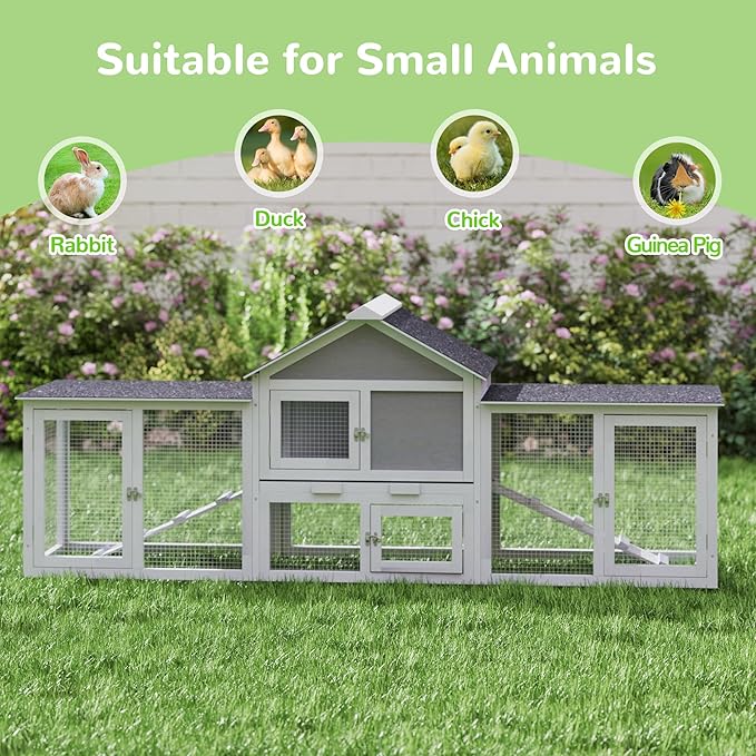 82.5” Large Wooden Rabbit Hutch Outdoor Easy to Assemble Rabbit Cage and Durable Bunny Hutch Indoor with Cleaning Tray & Waterproof Roof for Small and Medium Bunny Rabbit Chick (Grey)-PawvioPets