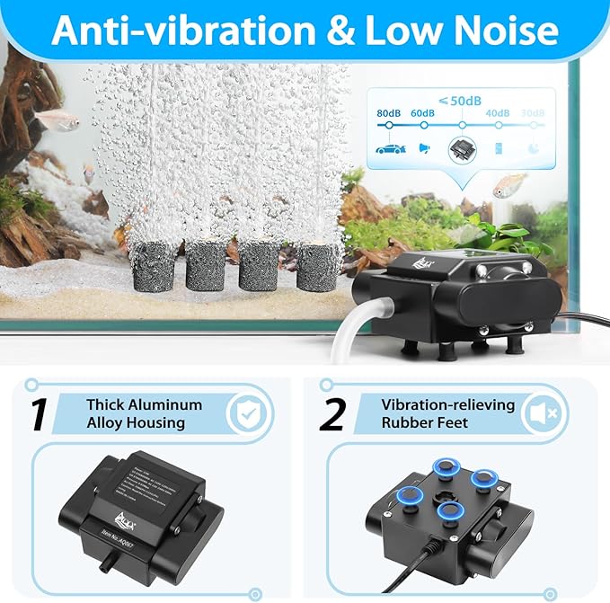 AQQA Aquarium Air Pump Powerful Pond Aerator Oxygen Pump 4 Outlets Adjustable Hydroponic Air Bubbler Pump with Air Stone Tube Air Valves for Up to 1000Gal (15W,356GPH)-PawvioPets