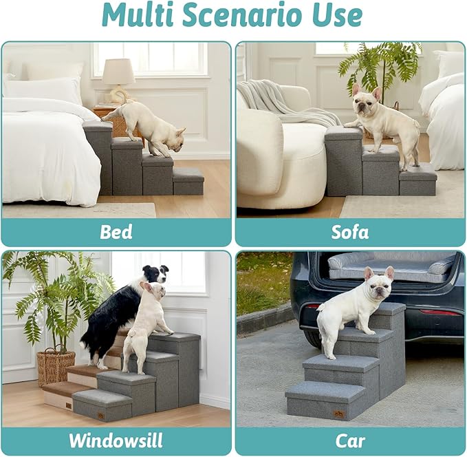 Dog Stairs with Storage, 4-Step Wider Sturdy Dog Steps for Small/Medium/Large Dogs and Older Cats, Folding Doggie Ramp for Bed/Couch/Car Hold Up to 180 lbs (22" H, Grey)-PawvioPets
