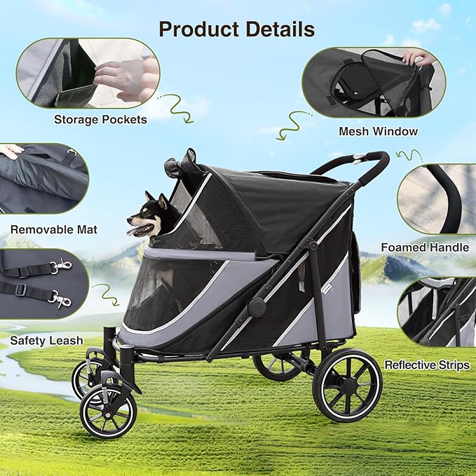 Dog Stroller for Medium/Large Dogs One-Click Folding, Extra Large Pet Stroller for 2 Dogs with Storage Pocket & Shock Absorption, Up to 130 lbs, Grey-PawvioPets