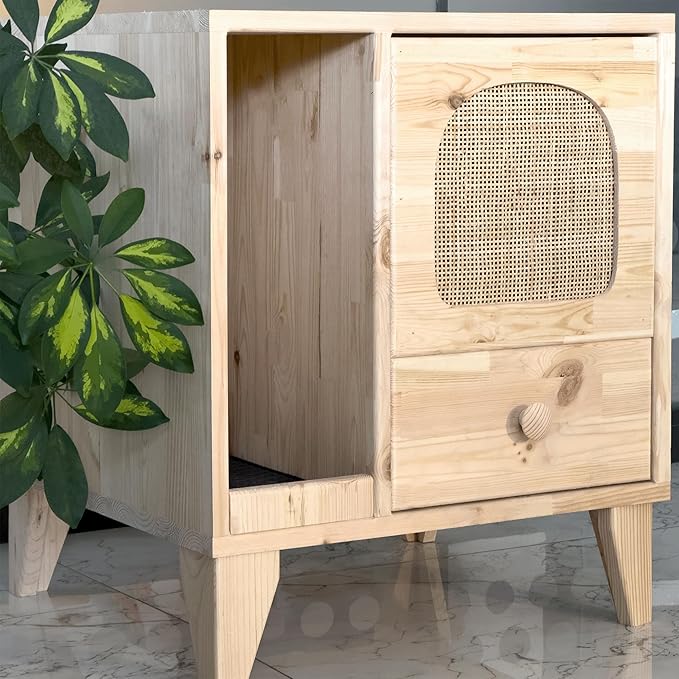 Cat Litter Box | Hidden Litter Box Furniture with Removable Divider | Wooden Cat Washroom Furniture | Indoor Cats House (Natural)-PawvioPets