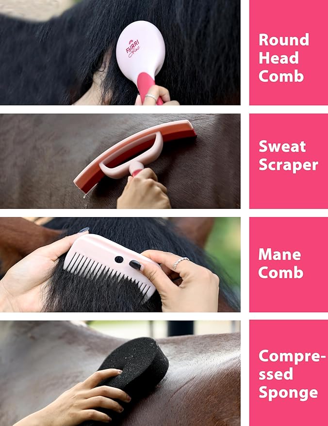 9PCS Horse Grooming Kit Curry Comb Sweat Scraper Horse Bathing Supplies Grooming Tools with Storage Bag Pink Garnet-PawvioPets