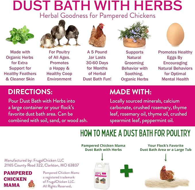 20.5 lb Pampered Chicken Mama Dust Bath with Organic Herbs & Essential Oils for Chickens, Quail, & Poultry | Dust Bath for Chickens to Keep Feathers Clean & Healthy-PawvioPets
