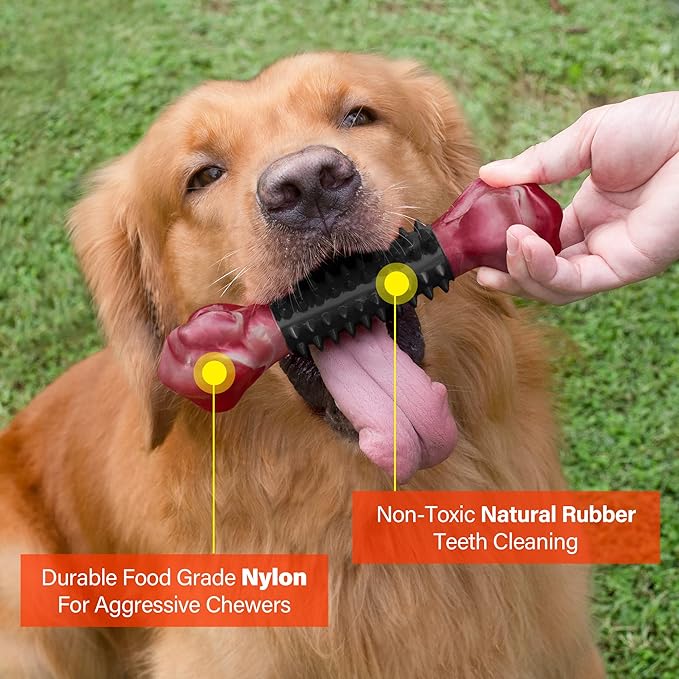 Apasiri Dog Toys for Aggressive Chewers with Bacon Flavor: 8" Indestructible Chew Bones for Large Breeds, Tough Nylon & Rubber Dog Toys Keep Them Busy, Interactive Play - 2-Pack-PawvioPets