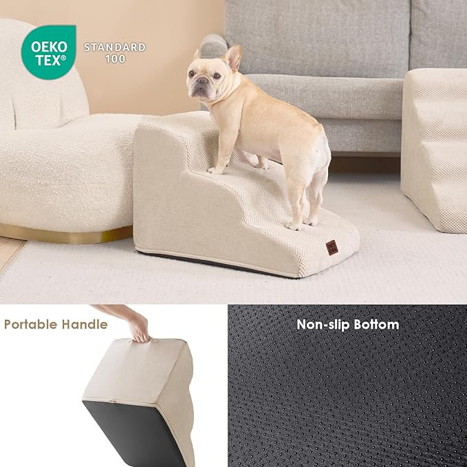 EHEYCIGA Curved Dog Stairs Ramp for Small Dogs 15.7" H, 3-Step Dog Steps for Couch Sofa and Chair, Pet Stairs for Cats, Non-Slip Balanced Pet Steps Indoor, Beige-PawvioPets