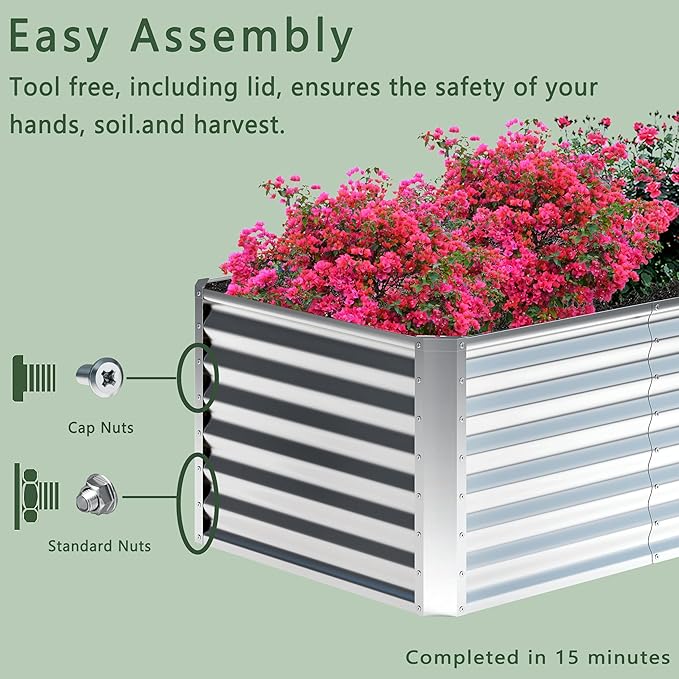 4x2x2FT Galvanized Raised Garden Bed,Planter Raised Beds-Metal Garden Box,Large Plant for Outdoor Planting, Vegetables Bed，Flower,herb-Sliver-PawvioPets