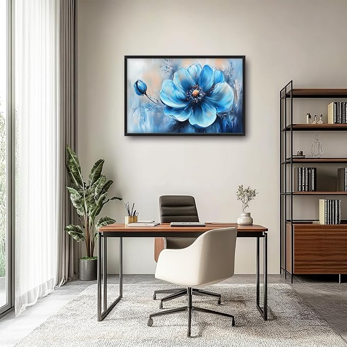 Extra Large Abstract Blue Flower Framed Wall Art for Living Room,Oversized Elegant Floral Pictures Wall Decor,Canvas Print Painting Modern Artwork Bedroom Office Bathroom 36L" x 24W"-PawvioPets