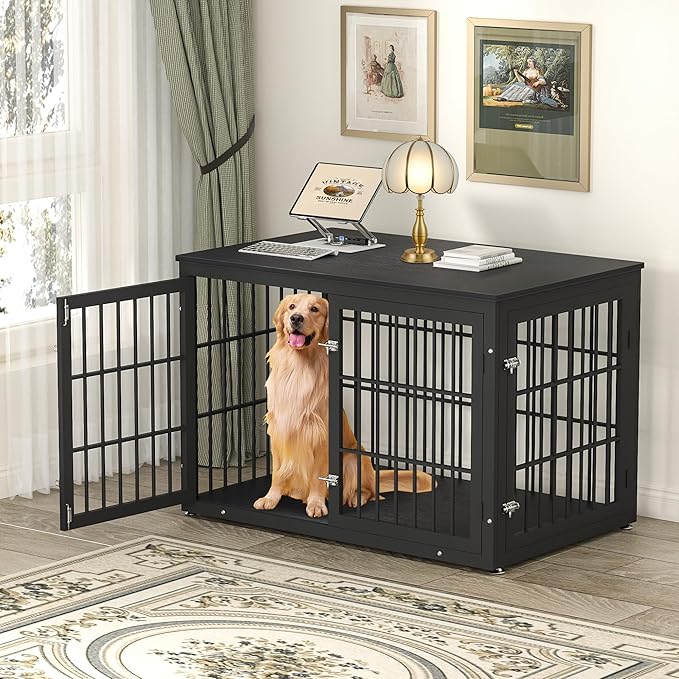 48 Inch Heavy Duty Dog Crate Furniture for Large Dogs, Decorative Pet House End Table, Extra Large Wooden Cage Kennel Furniture Indoor, Black-PawvioPets