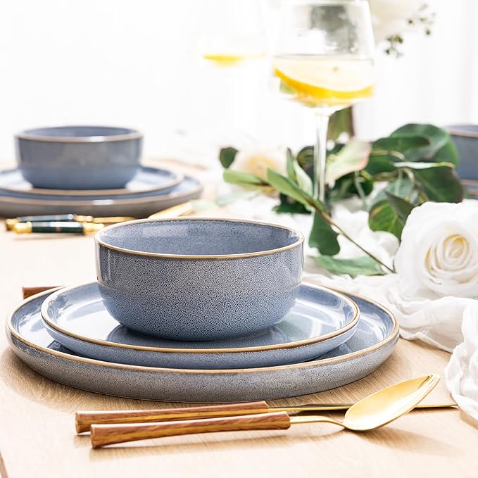 GBHOME Ceramic Dinnerware Sets for 6, 18 Pieces Stoneware Plates and Bowls Sets, Scratch Resistant Dish Sets for Dinner, Dishwasher & Microwave Safe, Brunnera Blue-PawvioPets