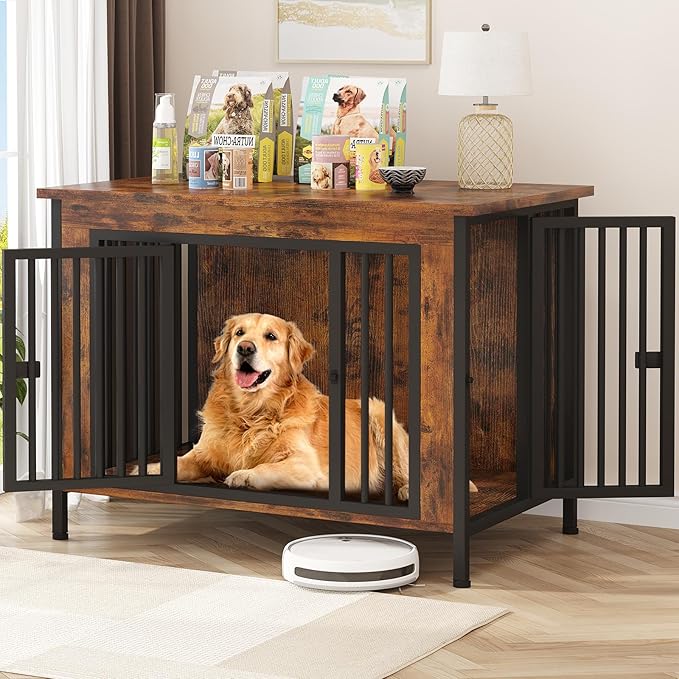 EasyCom 39.96" XL Wooden Large Dog Crate Furniture for Medium and Large Breed, Chew-Resistant Dog Kennel Furniture Indoor with 2 Doors and 3.94" Raised Feet, as TV Stand, End Table, Crate Table-PawvioPets