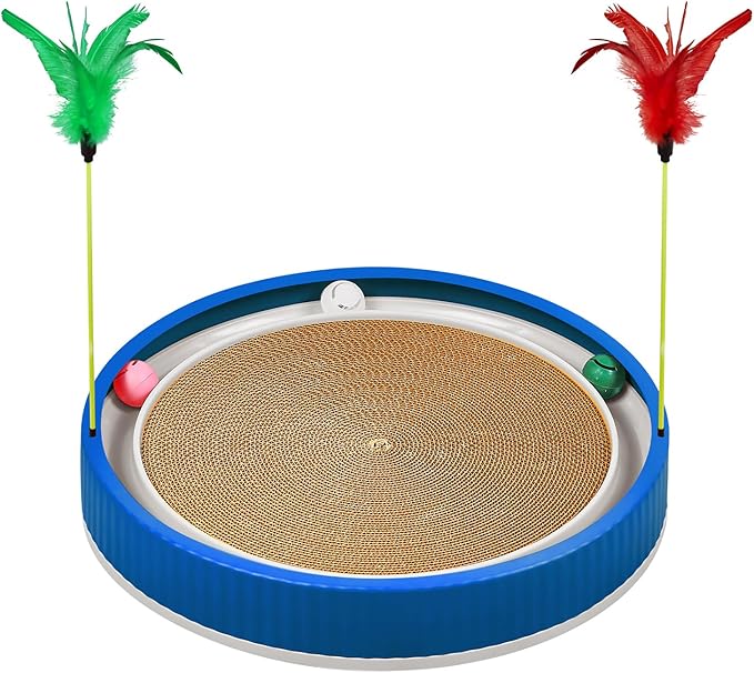 20-Inch Round Cat Scratcher with Ball Track – 3-in-1 Cardboard Scratching Pad with Feather Toy & Non-Slip Base – Interactive Cat Toy for Indoor Cats, Kittens & Large Cats (Blue)-PawvioPets