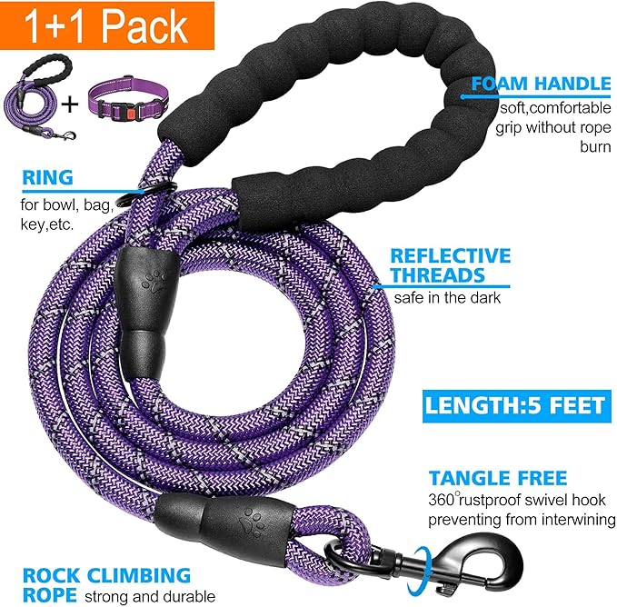 Heavy Duty Dog Leash - Comfortable Padded Handle, 5 ft Long - Dog Leashes for Small Medium Large Dogs (Leash+Collar S Neck 13.5"-16", Purple)-PawvioPets