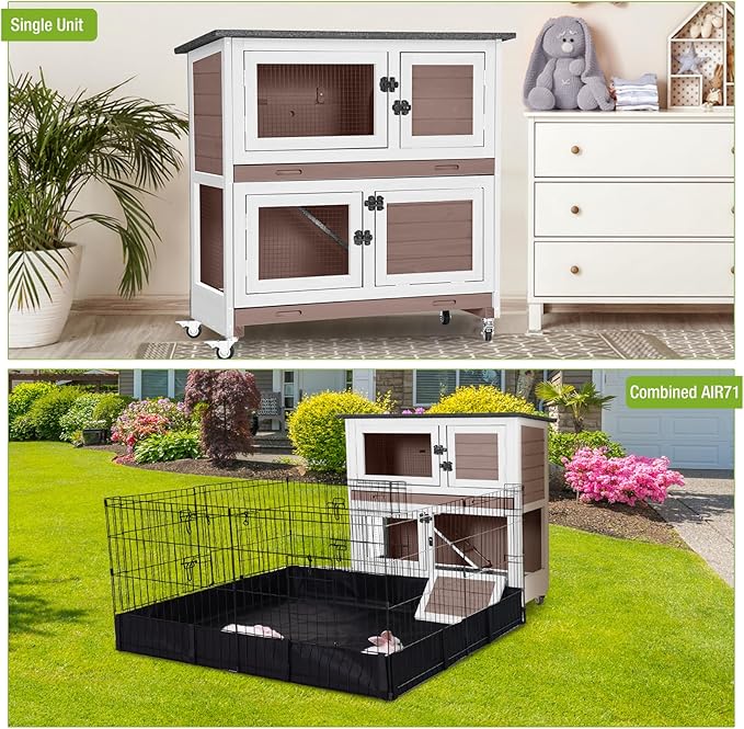 2-Story Rabbit Hutch Indoor Bunny Cage Wooden Guinea Pig House with Chew-Proof Ramp, Leakproof Slide-Out Trays, Lockable Caster Wheels for 1-3 Rabbits (Brown)-PawvioPets