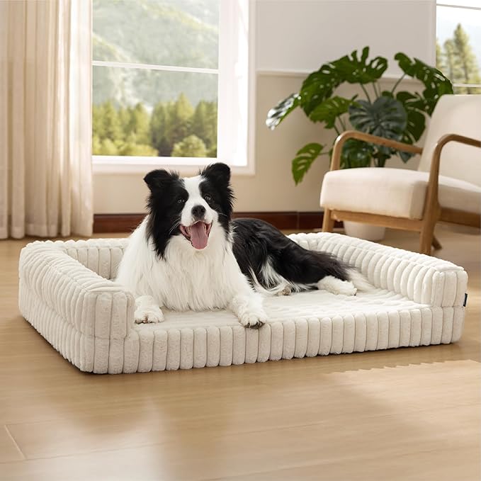 Bedsure Orthopedic Dog Beds Large Sized Dog, Waterproof Memory Foam Pet Bed with Sides, Non-Slip Bottom and Egg-Crate Foam Large Pet Couch Sofa with Washable Removable Corduroy Cover, Cream-PawvioPets