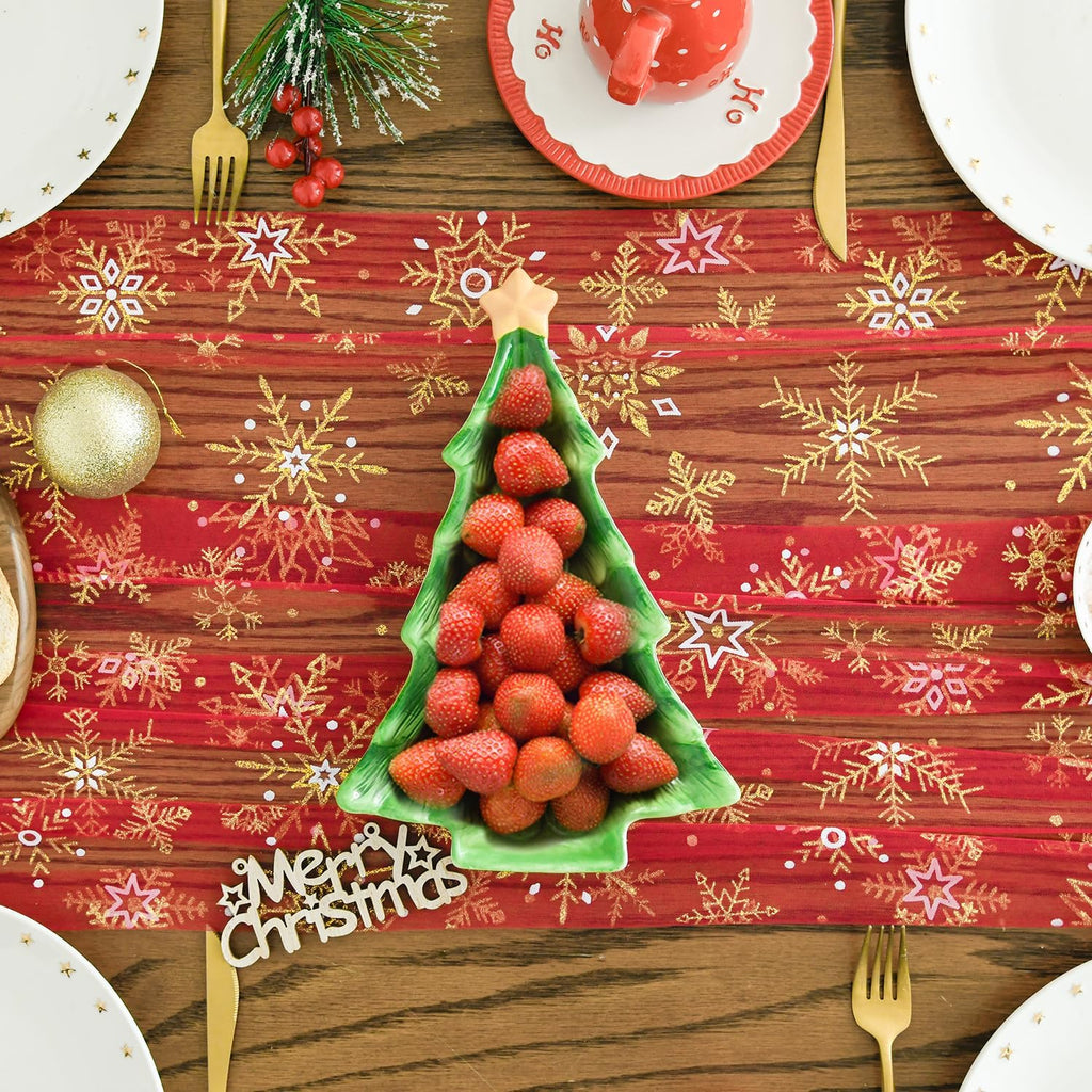 Artoid Mode Red Gold Snowflakes Christmas Gauze Table Runner 120 Inch 10FT, Winter Seasonal Sheer Dining Holiday Wedding Table Decor for Home Party