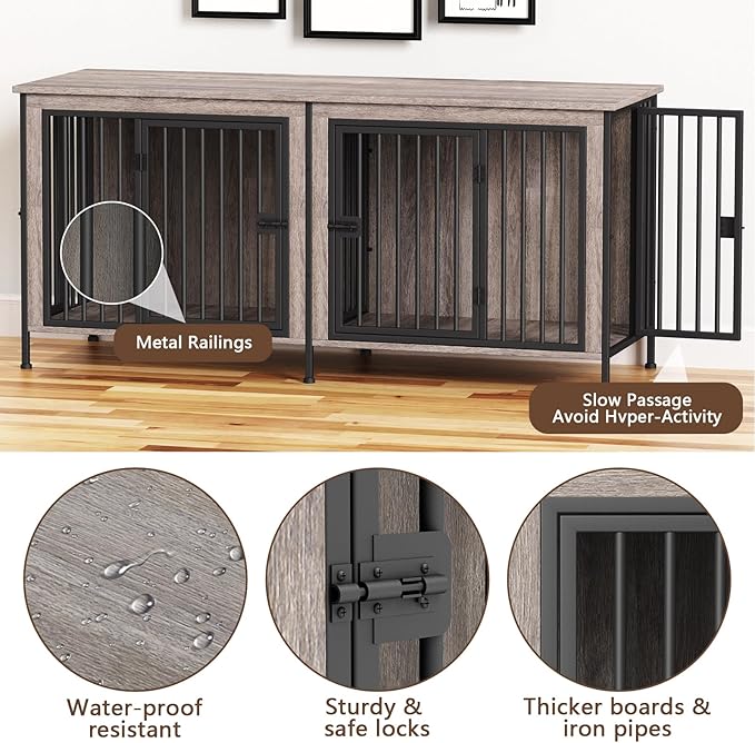 EasyCom 78 Inch Dog Cage Furniture for 2 Pets with Divider, XXL Wooden Double Dog Crate Furniture TV Stand for Mideum and Large Breed, Durable and Sturdy-PawvioPets