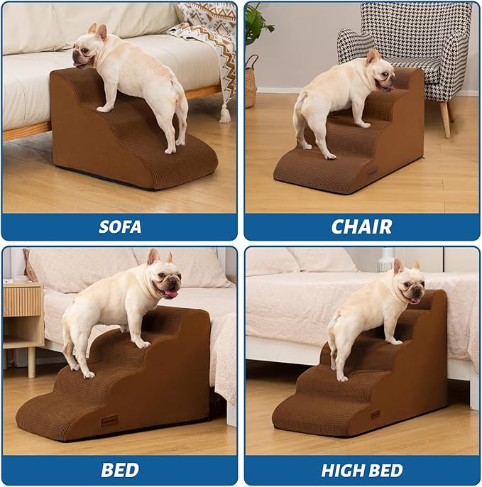 5-Step Dog Stairs and Ramp for High Bed,Non-Slip Sturdy Pet Steps for Small Dogs and Cats,22.2" H,Brown-PawvioPets