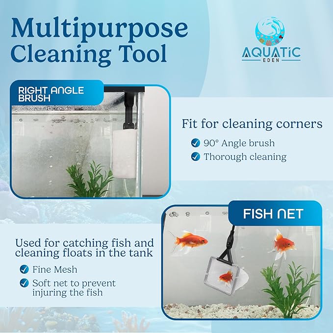 Aquarium Cleaning Tools 7 in 1 - Fish Tank Cleaning Kit with Algae Scraper, Scrubber Pad, Adjustable Telescopic Long Handle, Fish Net, Gravel Rake, Fork & Brush - Saltwater & Freshwater Tank-PawvioPets