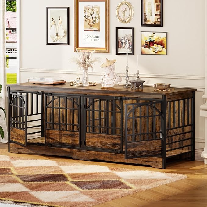 COZPAW 86 Inch Double Dog Crate Furniture for 2 Large Dogs, Decorative Dog Kennel Indoor TV Stand, Heavy Duty Wooden Dog Cage for Large Medium Dogs Sized Dog Pet House with Divider (Brown)-PawvioPets