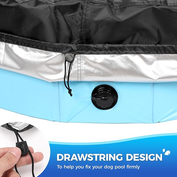63 inch Foldable Dog Pet Bath Pool Cover, Portable Round Collapsible Pool Cover with Oxford Cloth Material and Drawstring Design for Dog Pet Pool, Waterproof and Dustproof (Black)-PawvioPets