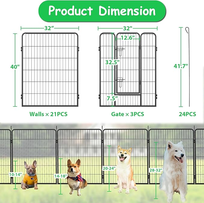 Dog Playpen, Outdoor Dog Fence, 24 Panels, 40" H Dog Pen for Medium/Small Dogs, Heavy Duty Metal Pet Fence with Gate, Portable Dog Fence for RV Camping and Yard (Black)-PawvioPets