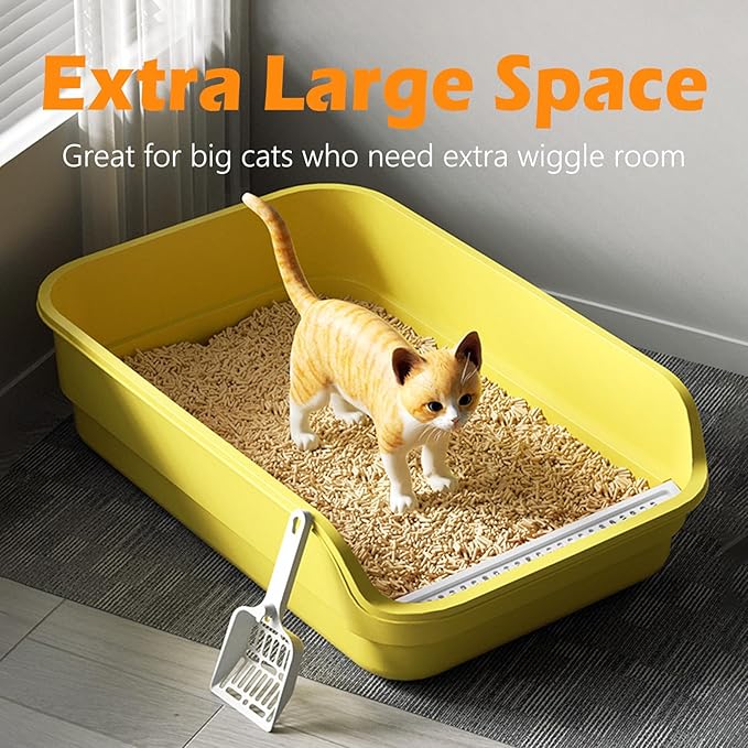 Extea Large Cat Litter Box with High Sides,Cat Boxes for Indoor Cats,Cat Litter Pan for Kitty,Litter Box with Low Entry,Easy to Clean,Anti-Splashing,23.6" x15.7" x6.2" (White)-PawvioPets