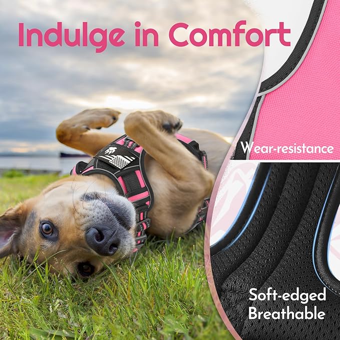 Eagloo Dog Harness Medium Sized, Easy Wearing with 3 Buckles, Adjustable No Pull Pet Harness with 2 Rings for Walking, No Chock Reflective Soft Padded Vest with Control Handle, Pink & Black, M-PawvioPets