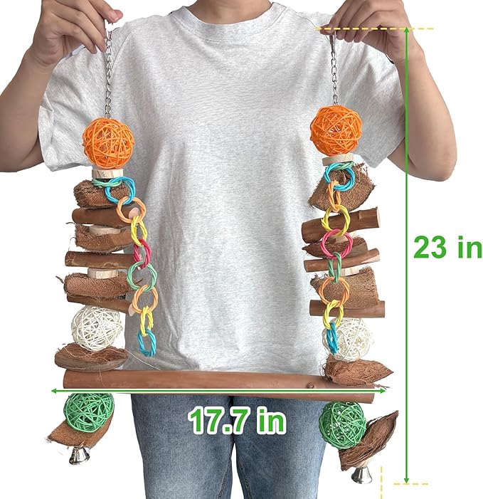 3-in-1 Parrot Toys Natural Coconut Fiber Parrot Hammock (Swing + Perch + Chew Toy) Natural Bird Perches for Medium Large Birds - 23" Bird Toys for Parrots Stand-PawvioPets