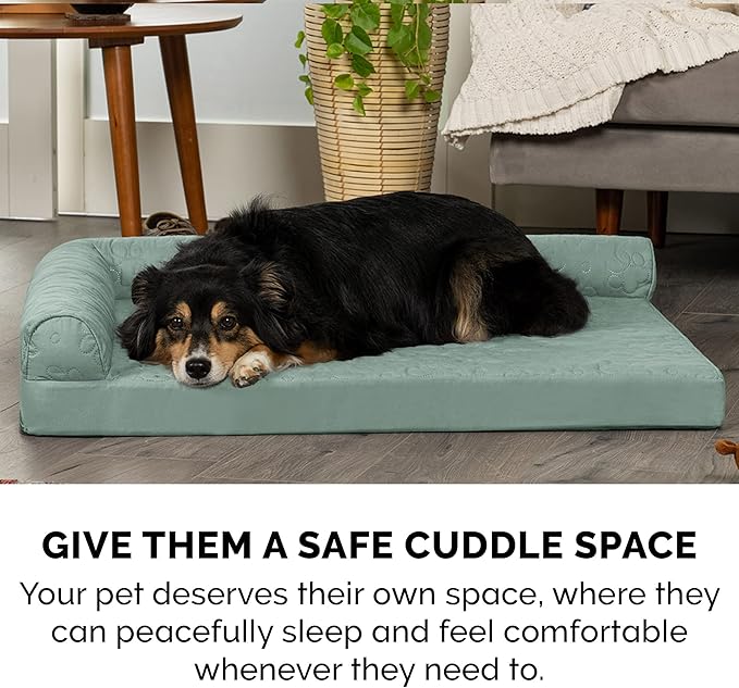 Furhaven Cooling Gel Dog Bed for Medium/Small Dogs w/ Removable Bolsters & Washable Cover, For Dogs Up to 35 lbs - Pinsonic Quilted Paw L Shaped Chaise - Iceberg Green, Medium-PawvioPets