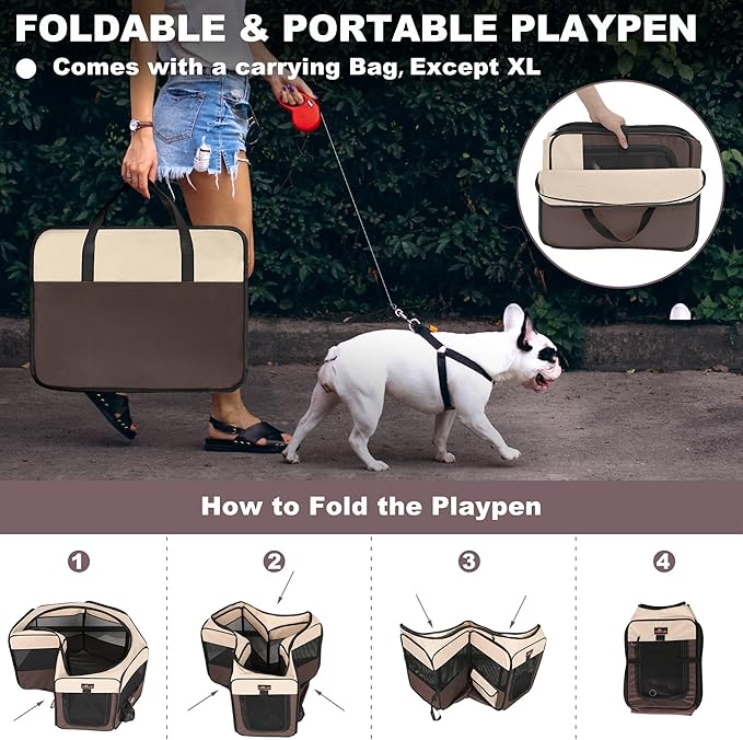 Aivituvin Dog Playpen, Foldable Pet Play Pens with Carrying Bag for Cat, Puppies, Rabbits, Portable Dog Tent Crates Cage for Travel Camping Indoor Outdoor, Removable Shade Cover, Brown M-PawvioPets