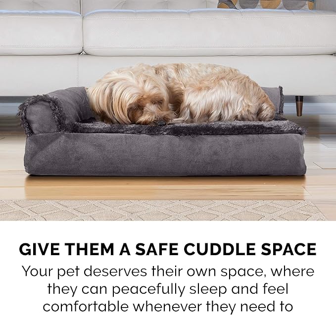 Furhaven Cooling Gel Dog Bed for Large/Medium Dogs w/ Removable Bolsters & Washable Cover, For Dogs Up to 55 lbs - Plush & Velvet L Shaped Chaise - Platinum Gray, Large-PawvioPets