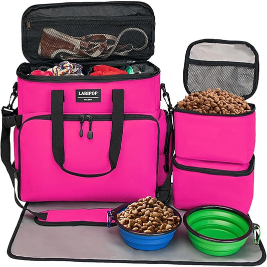 Dog Travel Bag,Weekend Pet Travel Bag Set for Dog and Cat,Airline Approved Tote Multi-Function Dog Bags for Traveling,Include 2 Collapsible Bowls,2 Food Storage Containers,1 Feeding Mat,Red-PawvioPets