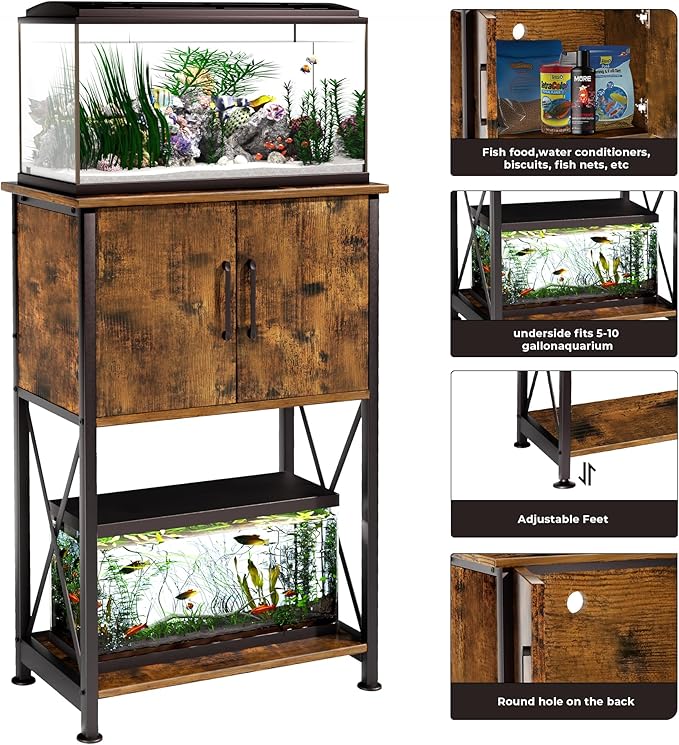 5-10 Gallon Fish Tank Stand, Metal Double Aquarium Stand with Cabinet for Fish Tank Accessories Storage, Heavy Duty 20.5" L* 11.02" W Tabletop, 500LBS Capacity Rustic Brown and Black PG06YGN-PawvioPets