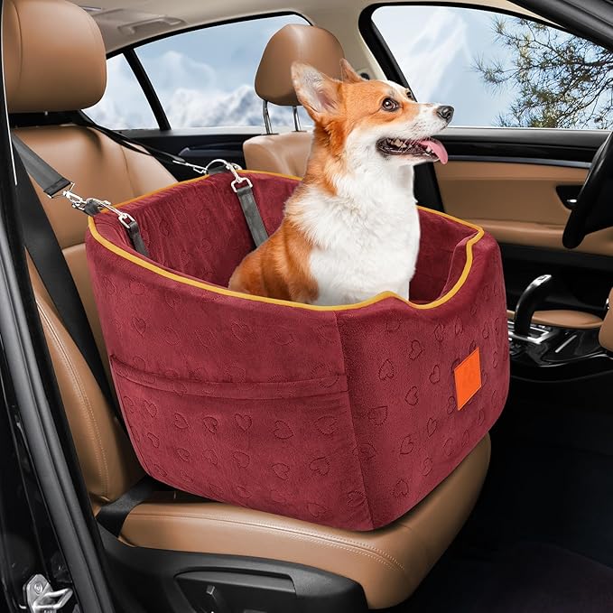 Dog Car Seat for Small Dogs, Memory Foam Booster Dog Seat for Dogs up to 35 lbs, Elevated Pet Car Seat, Travel Safety Pet Seat with Washable Removable Cover, Storage Pockets (Red)-PawvioPets