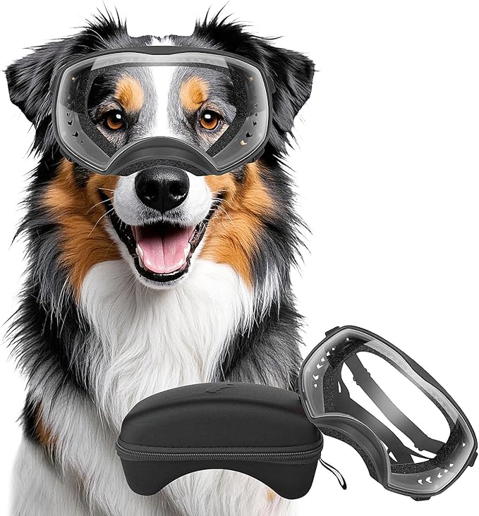 Dog Sunglasses UV Protection Clear Dog Goggles Windproof Glasses with Elastic Straps for Medium-Large Breed, Black Frame + Clear Lens-PawvioPets