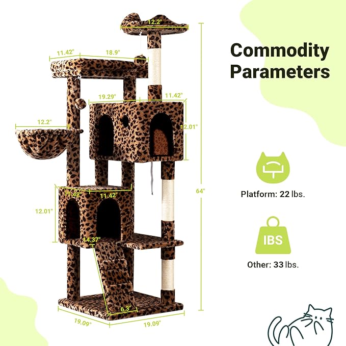 Allewie 64 Inches Cat Tree Tower/Multi-Level Activity Center for Indoor Big Felines/2 Plush Condos/2 Perchs/Basket/House/Sisal Scratching Posts/Hanging Cat Toys/Leopard Print-PawvioPets