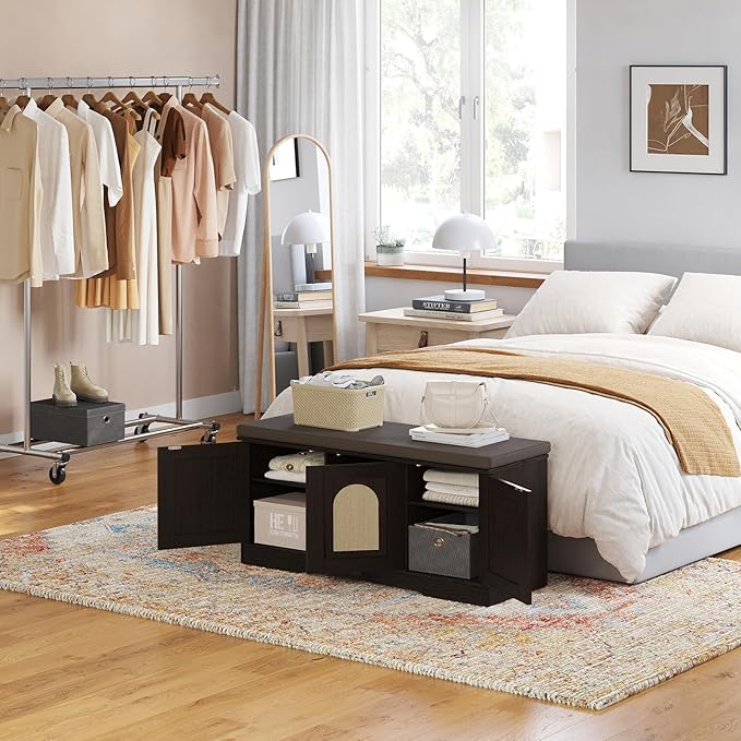 DINZI LVJ Shoe Bench, Entryway Storage Bench with Doors, Cushion, 2-Tier Shoe Rack with 6-Cubby, 39.4”L x 13.8”W Shoe Organizer Cabinet, Adjustable Shelf, Living Room, Bedroom, Espresso with Rattan-PawvioPets