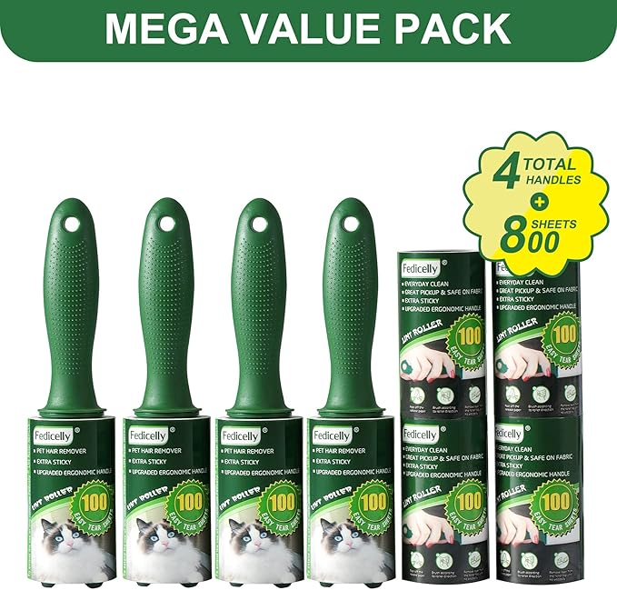 Fedicelly Lint Rollers Pet Hair Extra Sticky Clothes,Cat Dog Hair Remover Laundry Furniture Carpet,Total 800 Sheets Lint Remover Brush for Couch Green-PawvioPets