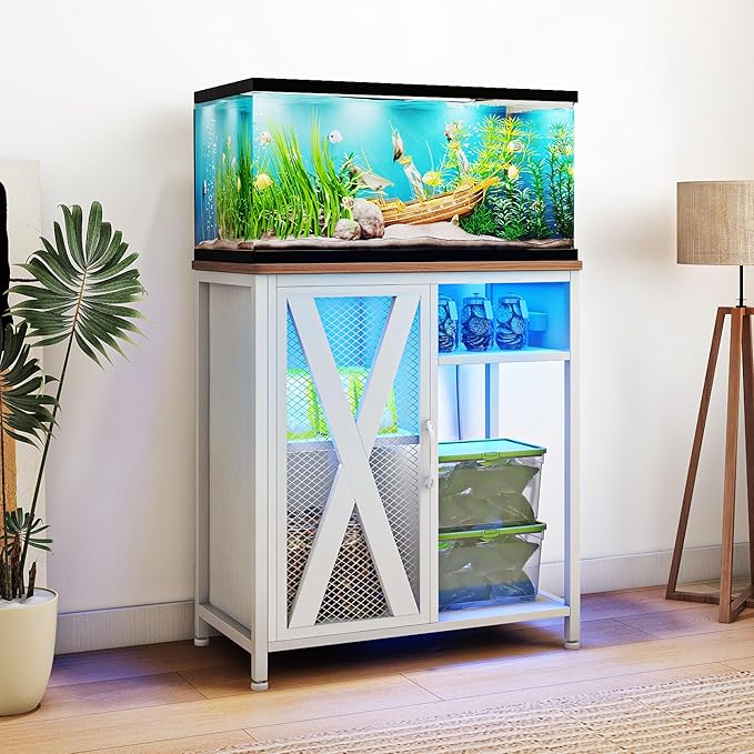 DWVO 20-29 Gallon Aquarium Stand with Power Outlets & LED Light, Cabinet for Fish Tank Accessories Storage - Metal Stand Suitable for Turtle Tank, Reptile Terrarium, 350LBS Capacity, White-PawvioPets