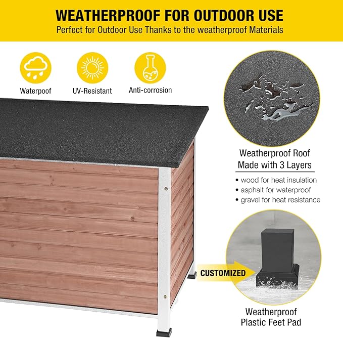 Dog House Outdoor & Indoor Wooden Dog Kennel for Winter with Raised Feet Weatherproof for Small & Medium & Large Dogs,Unique All-Around Iron Frame，Light Brown-PawvioPets