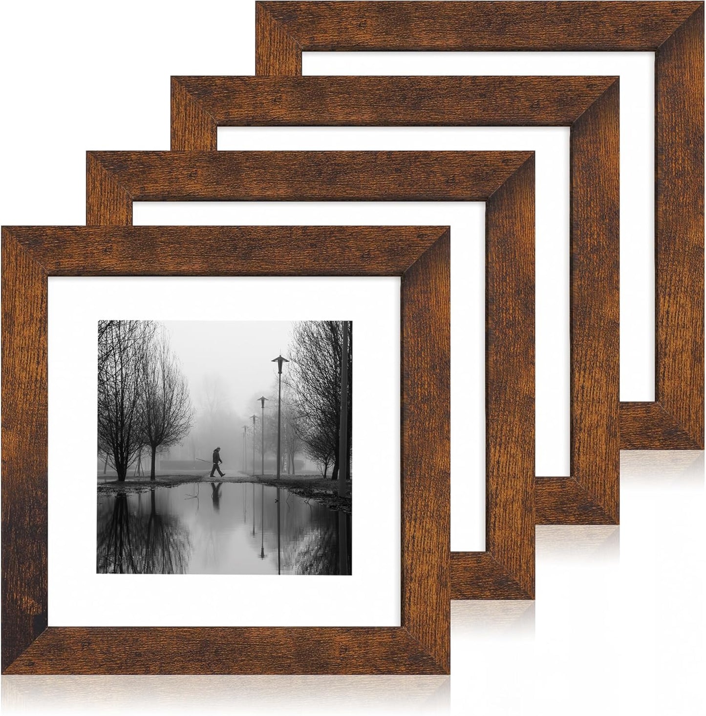 8x8 Picture Frame Set of 4 with HD Glass, Display 6x6 Pictures with Mat or 8 x 8 Without Mat, Rustic Wood Photo Frame for Wall Mount and Tabletop Display
