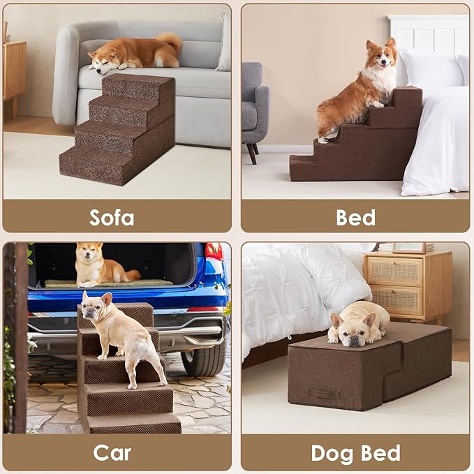 EHEYCIGA Dog Stairs for High Bed 25" H, 5-Step Extra Wide Dog Steps for Bed, Pet Steps for Small Dogs and Cats, Non-Slip Balanced Pet Ramp Indoor, Brown-PawvioPets