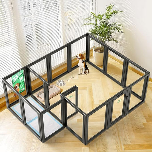 FXW AuraSpace Acrylic Indoor Unleashed Dog Playpen for Medium Dogs, 35 Inch, 16 Panels, Black-PawvioPets