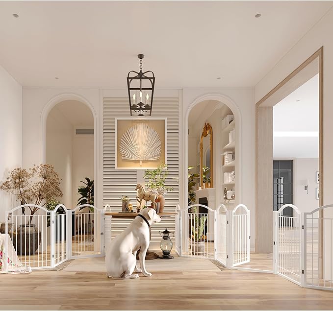 BHG Metal No-Assembly Freestanding Dog Gate with Door Walk Through, Extra Wide 144", Extra Tall 32" Pet Gate, Accordion Puppy Folding Playpen Dog Fence, with 2PCS Support (White, 6 panesl)-PawvioPets