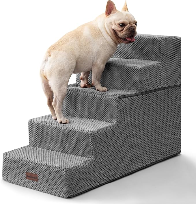Dog Stairs for High Bed 22.6" H,5-Step Dog Steps for Small Dogs and Cats,Indoor Non-Slip Balanced Pet Stairs are Suitable for Puppy,Older Cat,Grey-PawvioPets